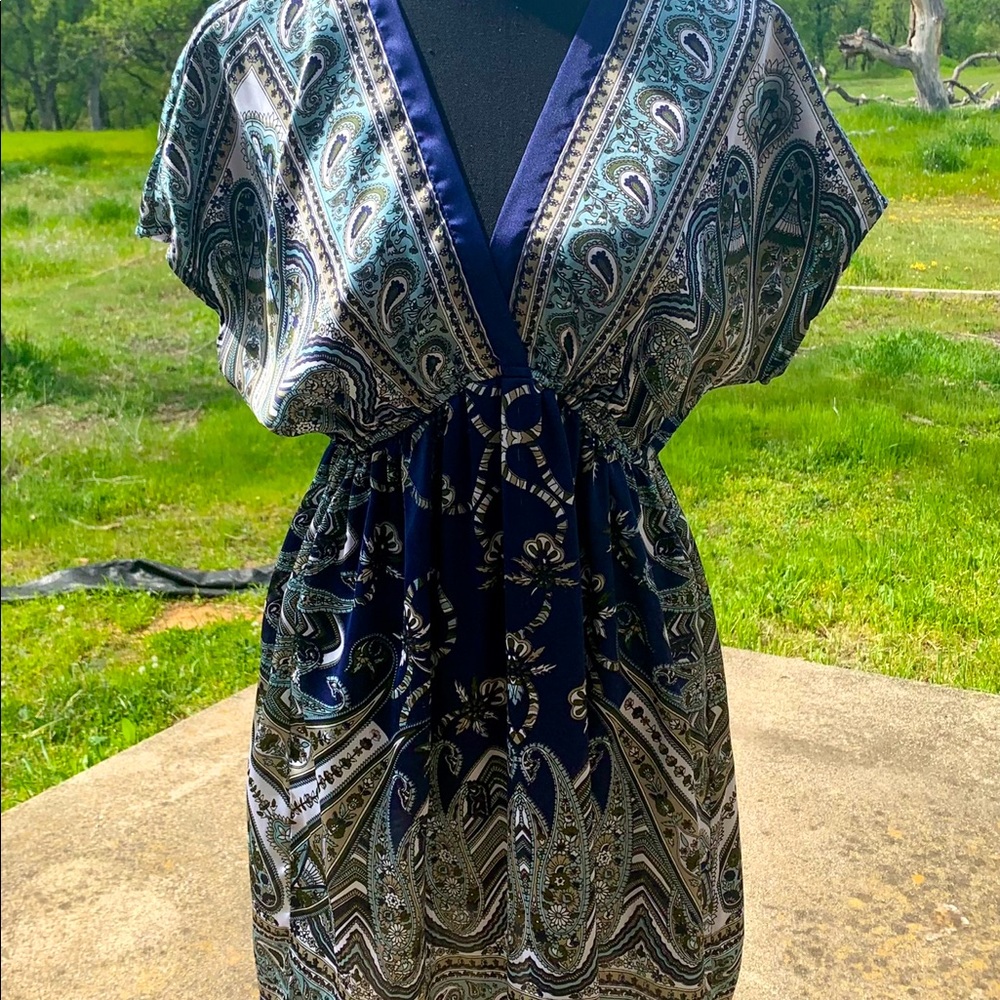 V neck blue tunic dress